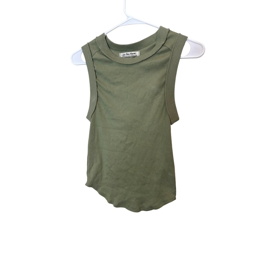 We The Free Tank Top Womens Medium Green Ribbed Crew Neck Muscle Cutoff Stretch
